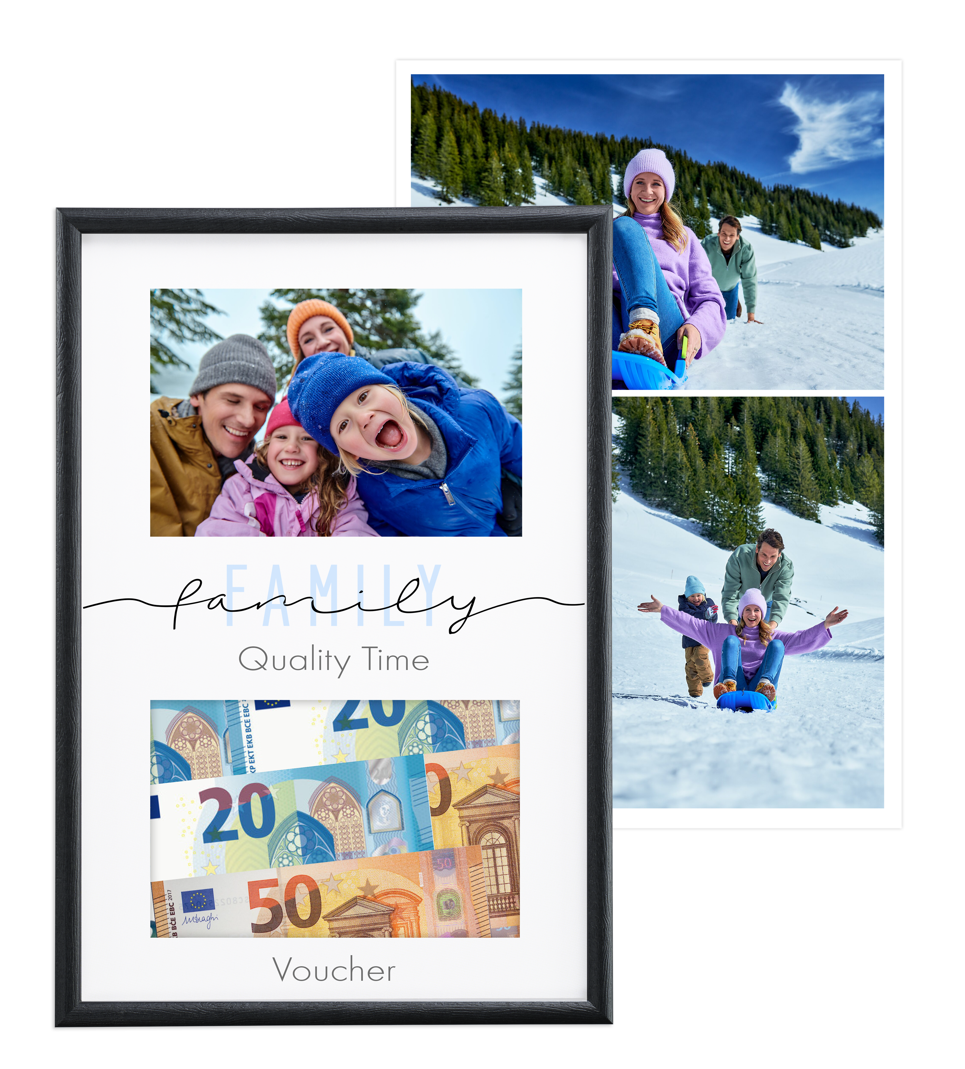 Marco personalizado para regalar dinero con las fotos de una familia en la nieve