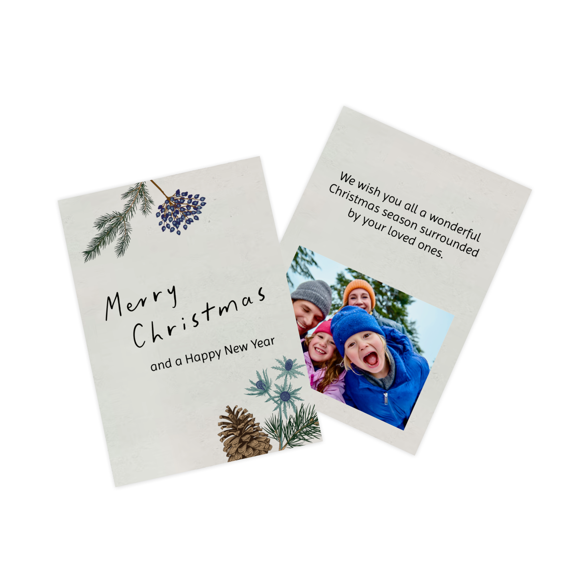 Carte de Noël personnalisée avec une photo d'une famille à la neige.