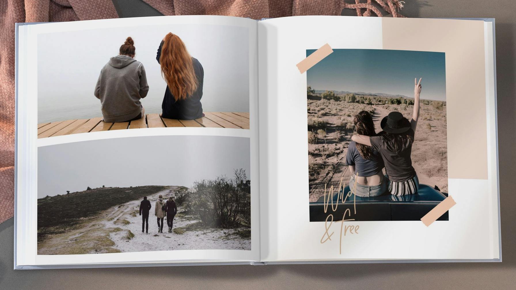 Aufgeschlagenes Pixum Fotobuch quadratisch mit moderner Vorlage 