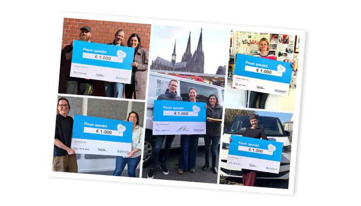Spendenübergabe von Pixum Mitarbeitenden an gemeinnützige Organisationen