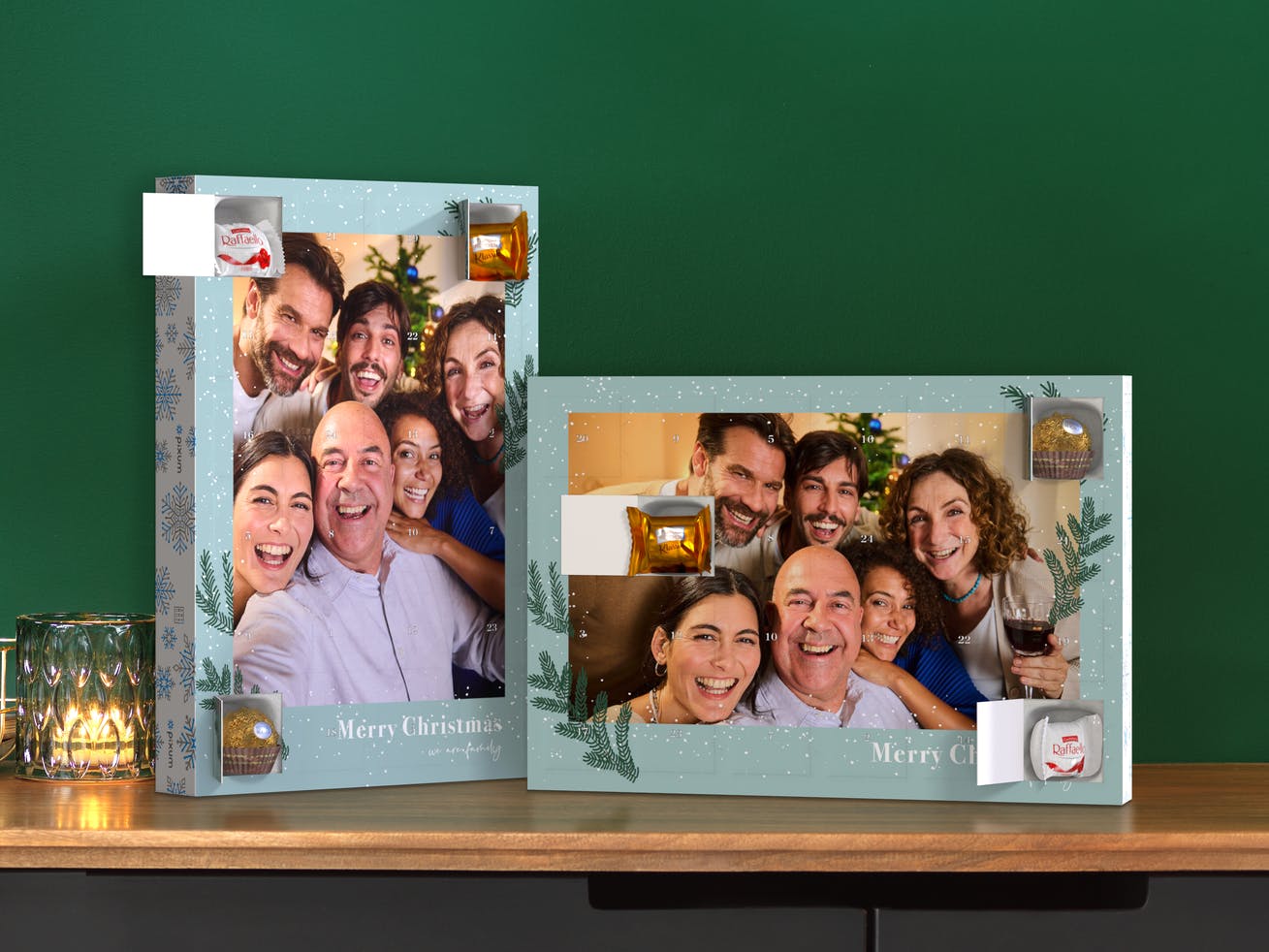 Foto-adventskalender met Ferrero bonbons staand met een familiefoto