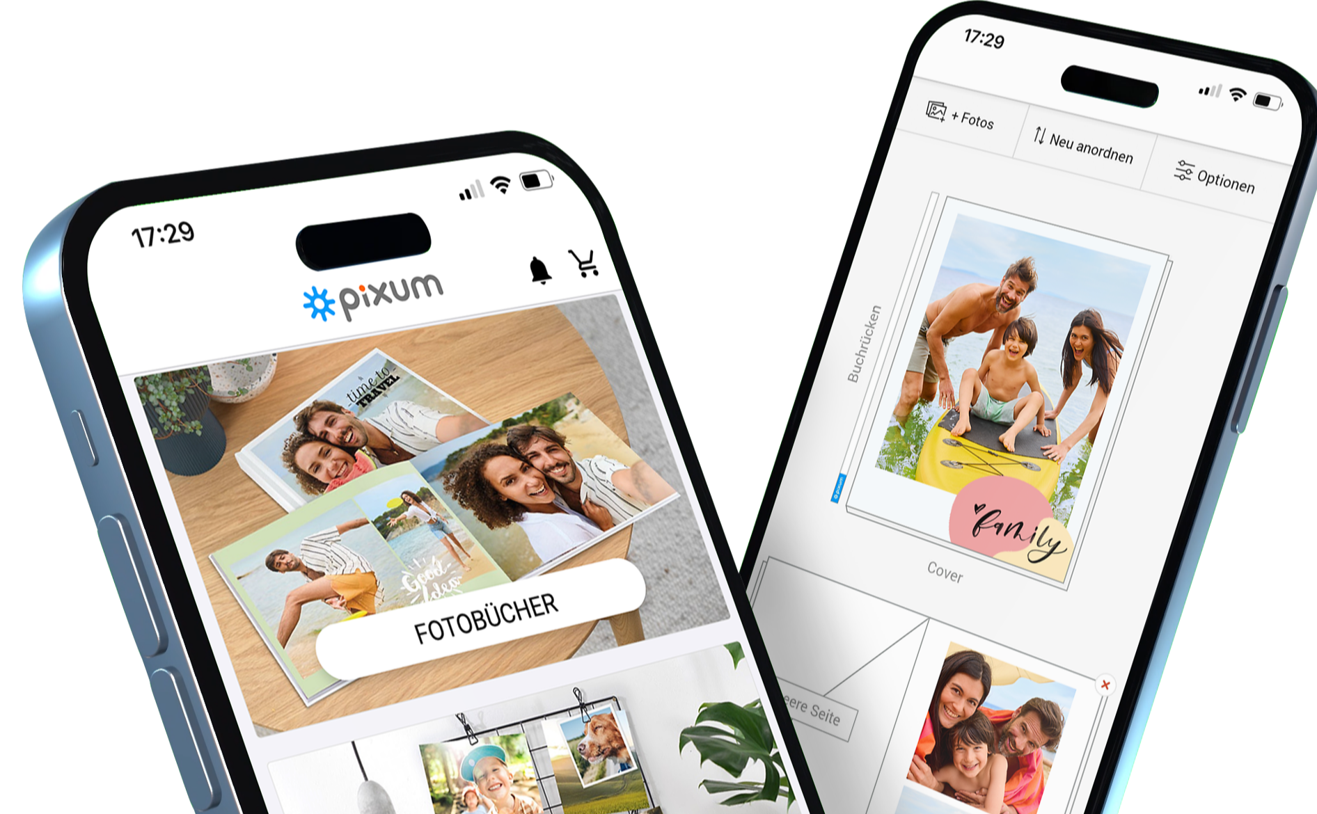 Zwei Smartphones zeigen die Benutzeroberfläche einer Pixum Fotobuch-App.

