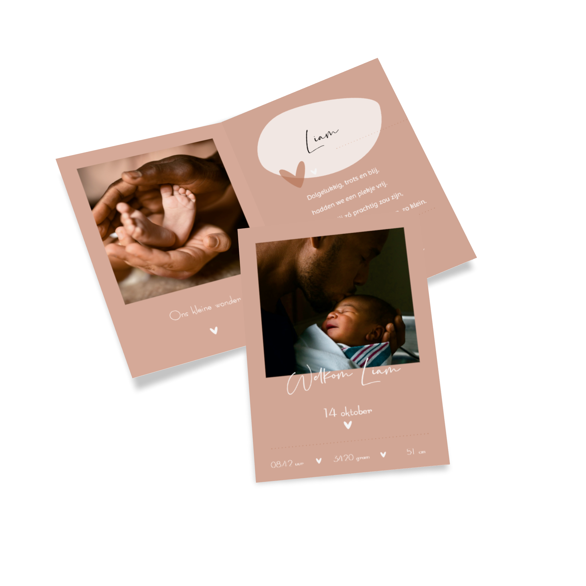Geboortekaartje met familiefoto en informatie over de geboorte.