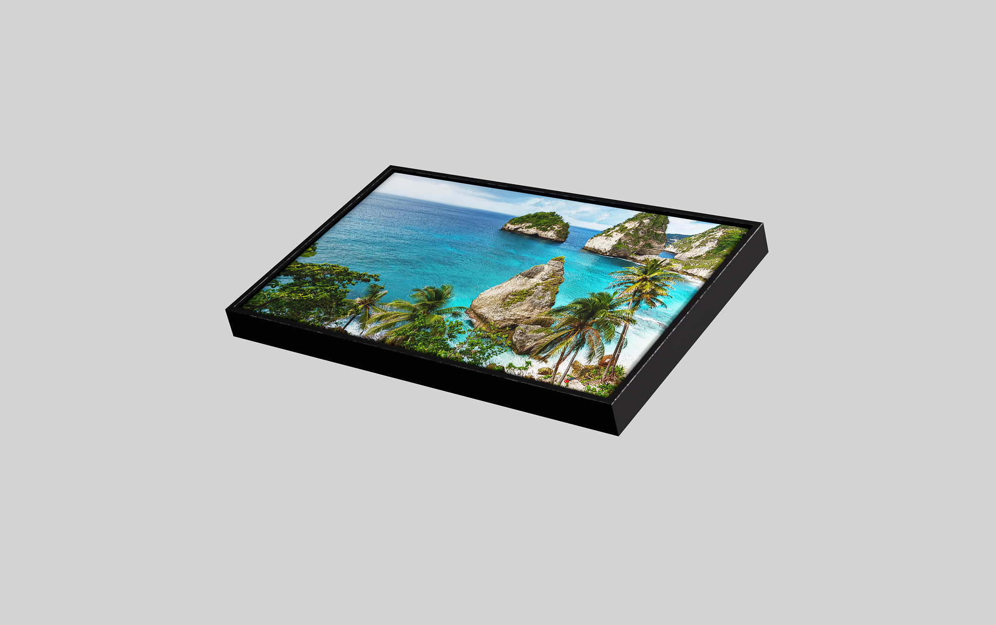 Lienzo con foto con la foto de un paisaje y un marco flotante negro de madera