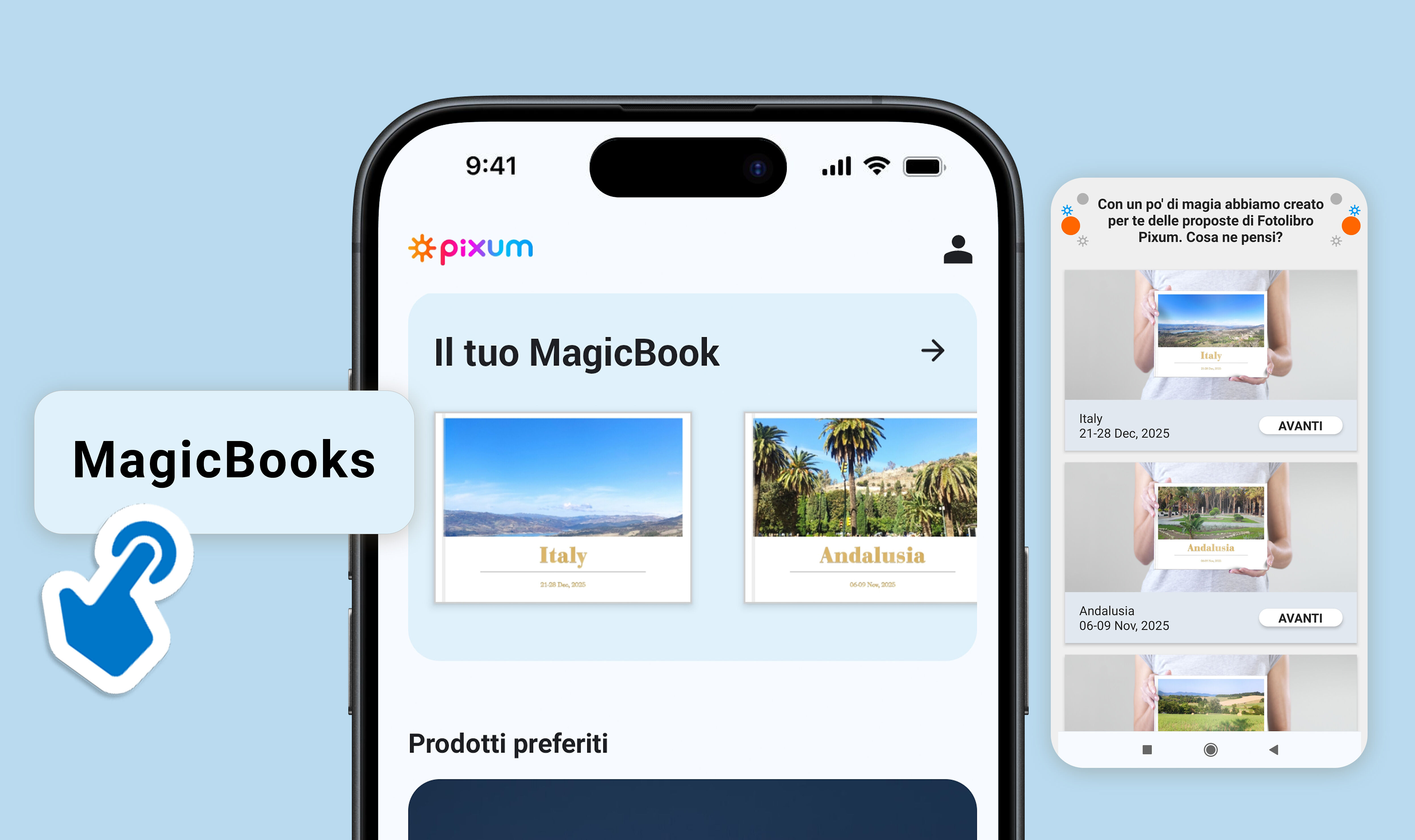 Screenshot di un telefono che mostra la funzione MagicBook della Pixum App.