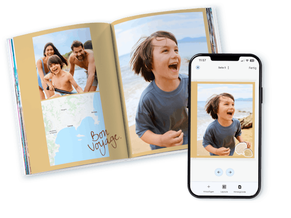 Pixum App Fotobuch vom Sommerurlaub einer Familie mit einer Gestaltung in der App