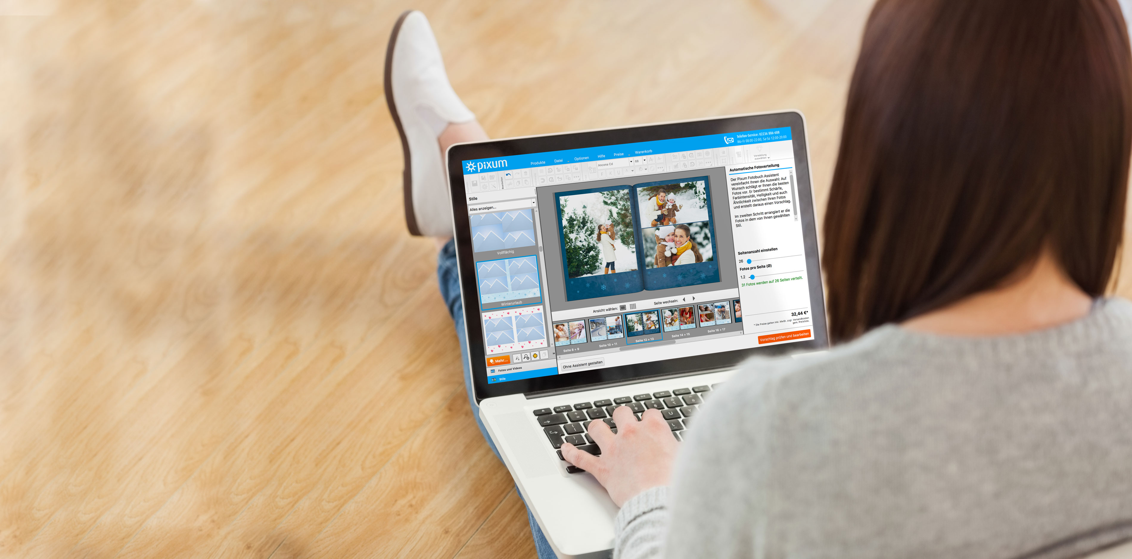 Giovane donna crea un fotolibro nel portatile sul Software Fotomondo Pixum