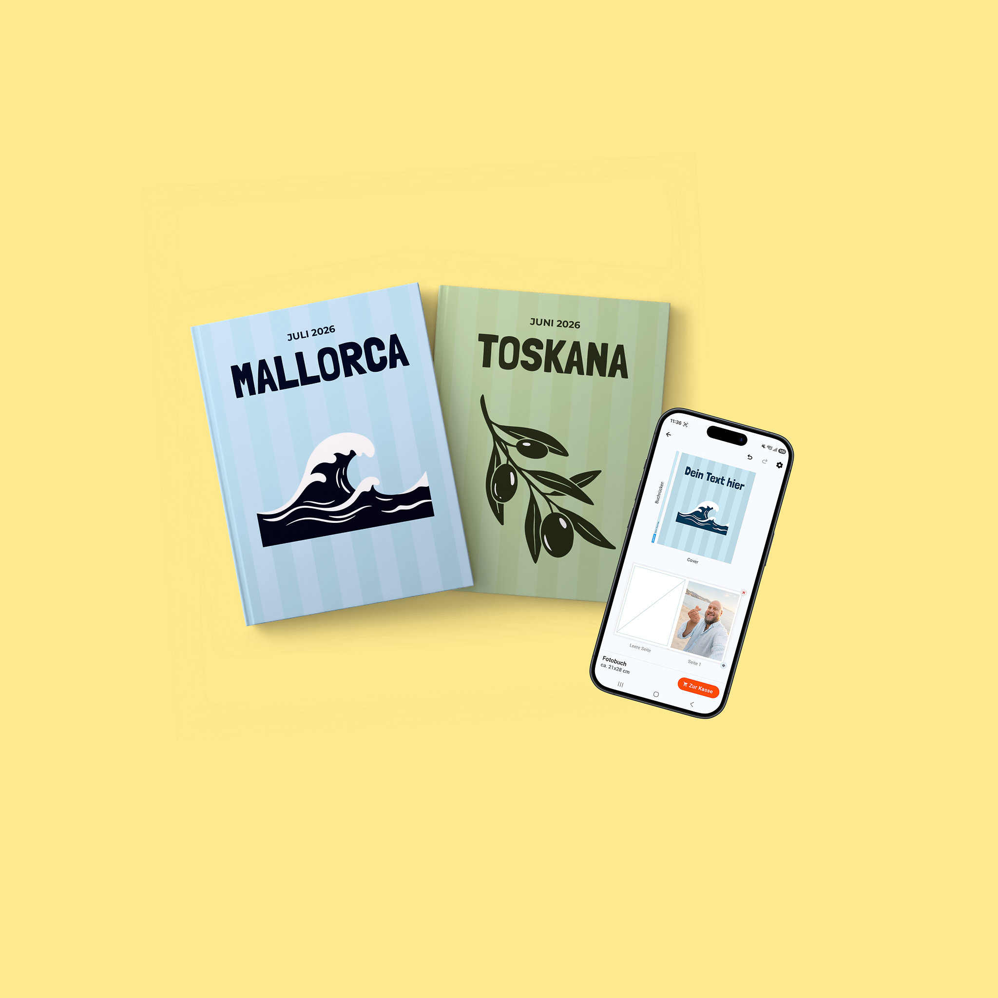 Zwei Fotobücher mit Reisedesigns