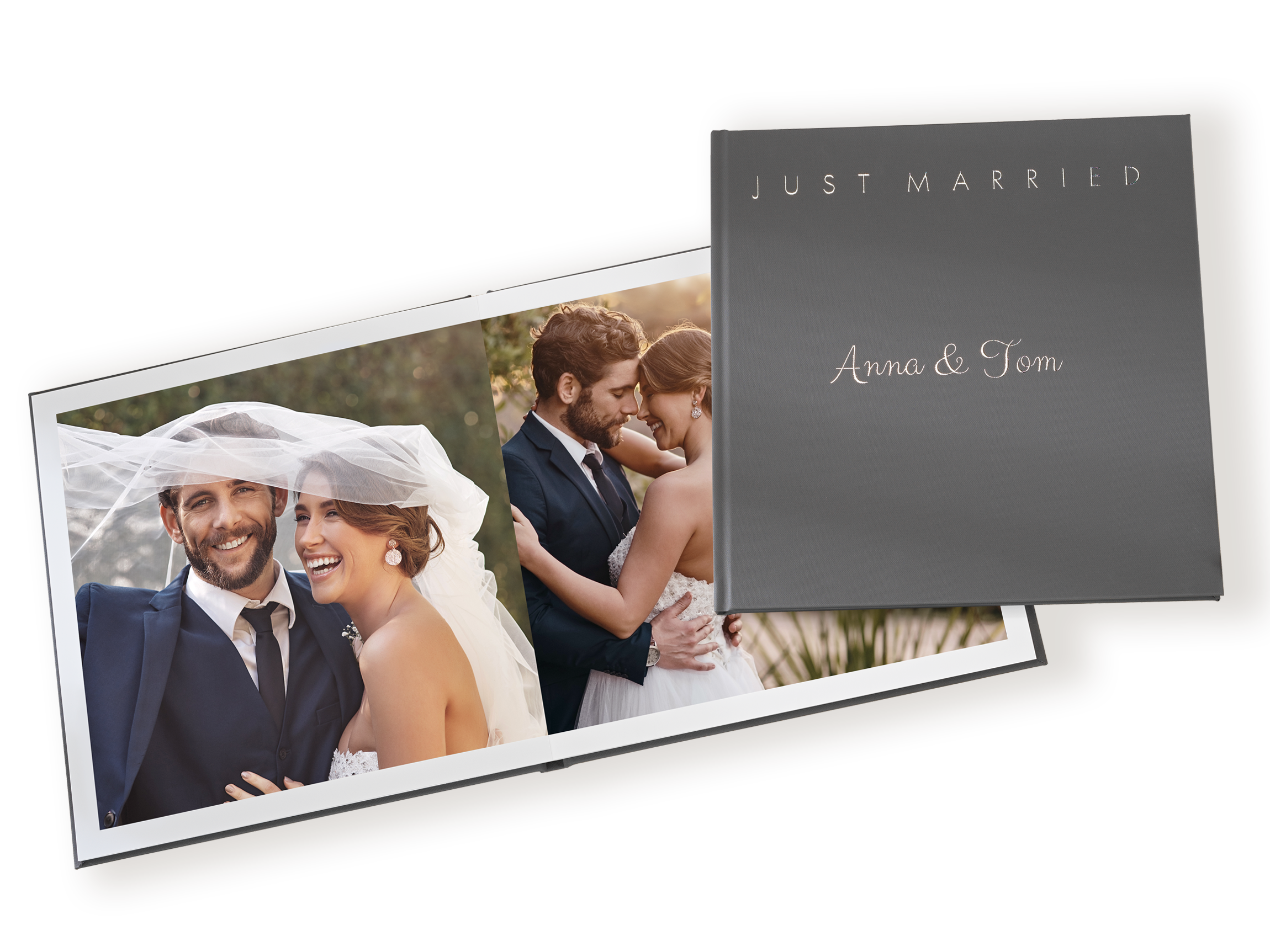 Livre photo Pixum avec couverture en lin et des photos de mariage