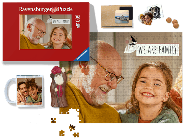 Verschillende sinterklaascadeautjes: fotopuzzel, magneten en mokken met een Sinterklaas van chocolade