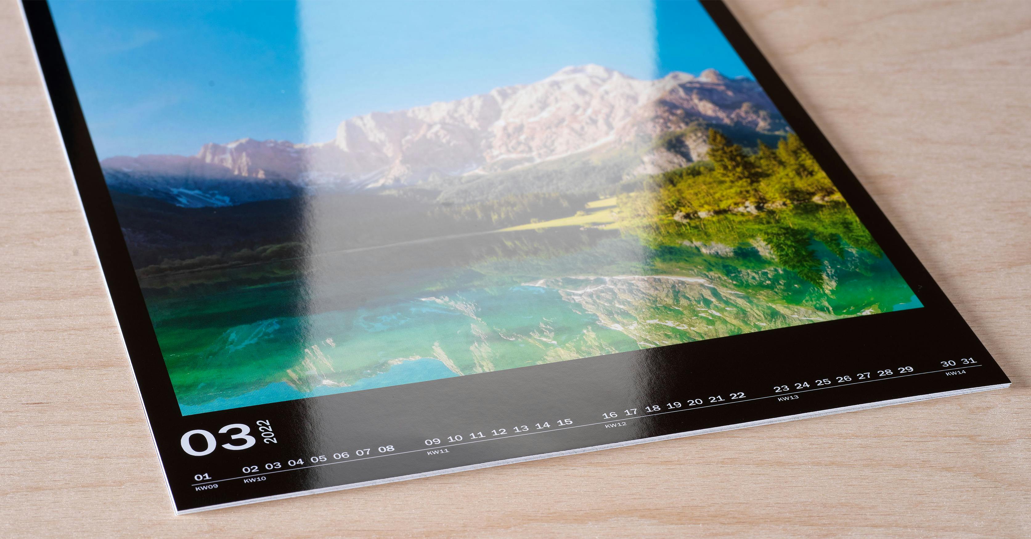 Detailed voew of a photo calendar with glossy premium paper