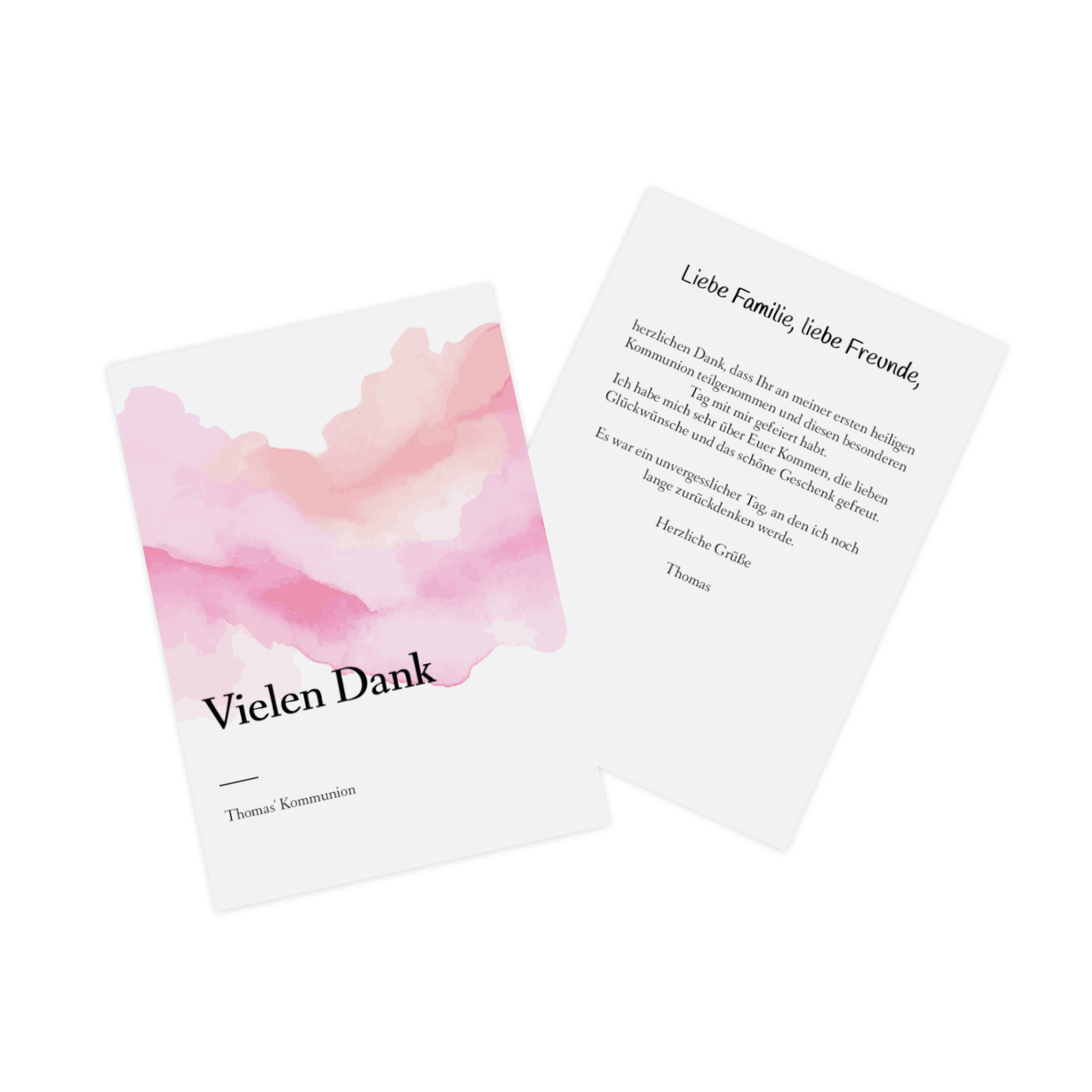Einseitige Danksagungskarte zur Kommunion mit Aquarell Muster.