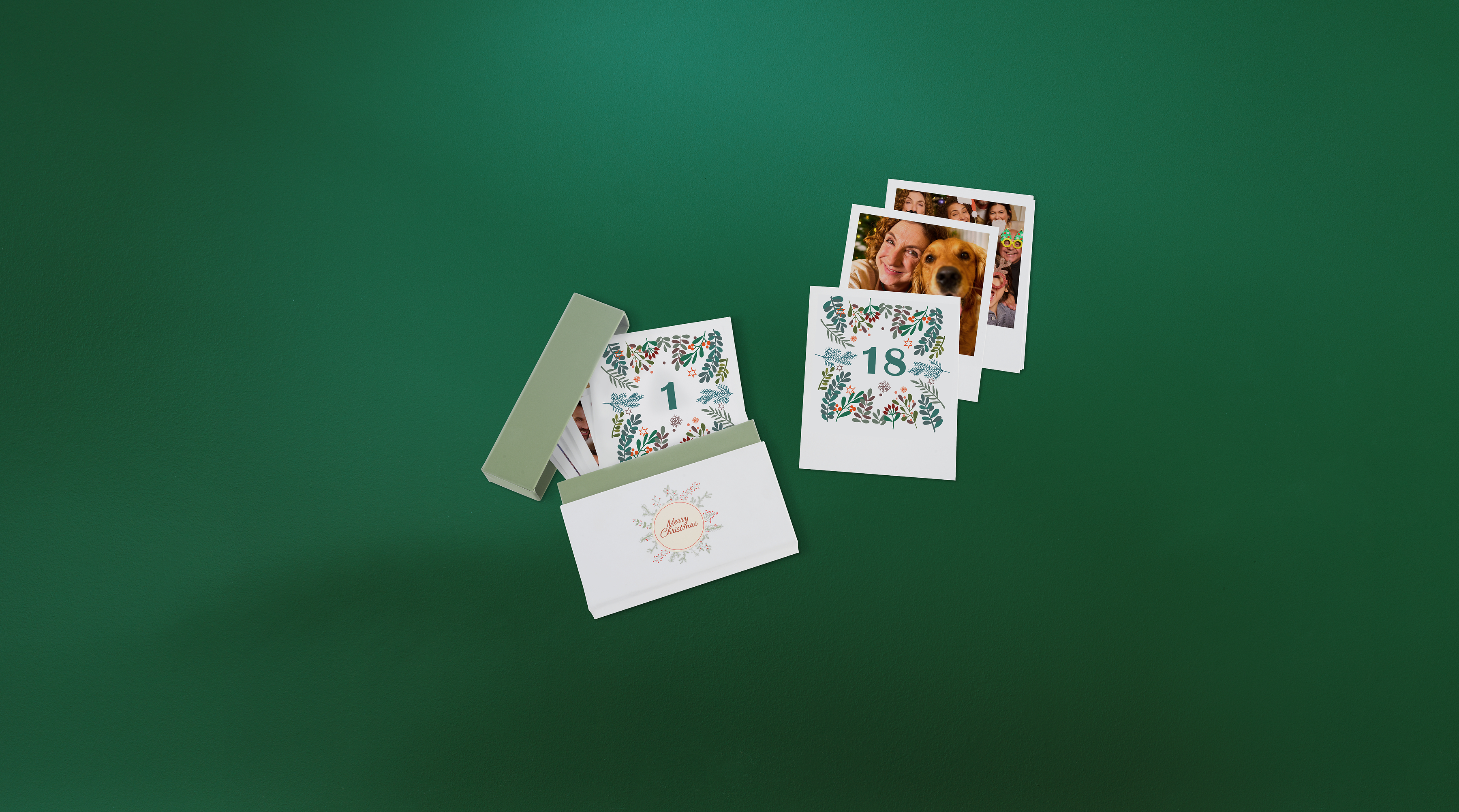 Retro-Adventskalender Prints auf einem grünen Hintergrund mit blumigem Weihnachtsdesign