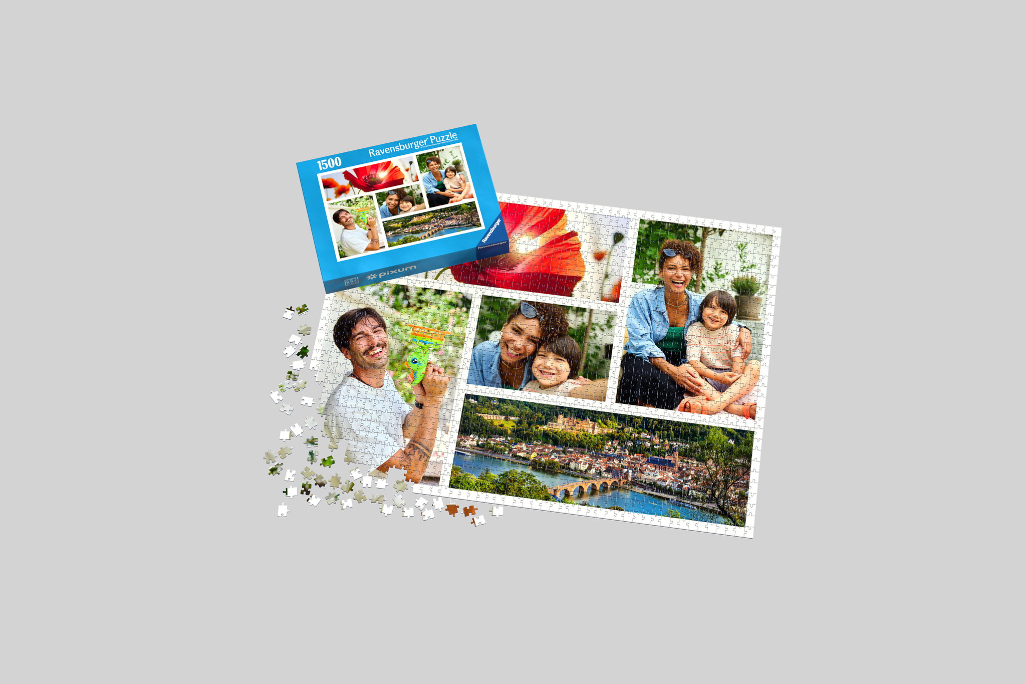 Een fotopuzzel met 1500 stukjes, waarop een collage van familiefoto's is afgebeeld. Op de foto zijn de fotopuzzel en de doos te zien.