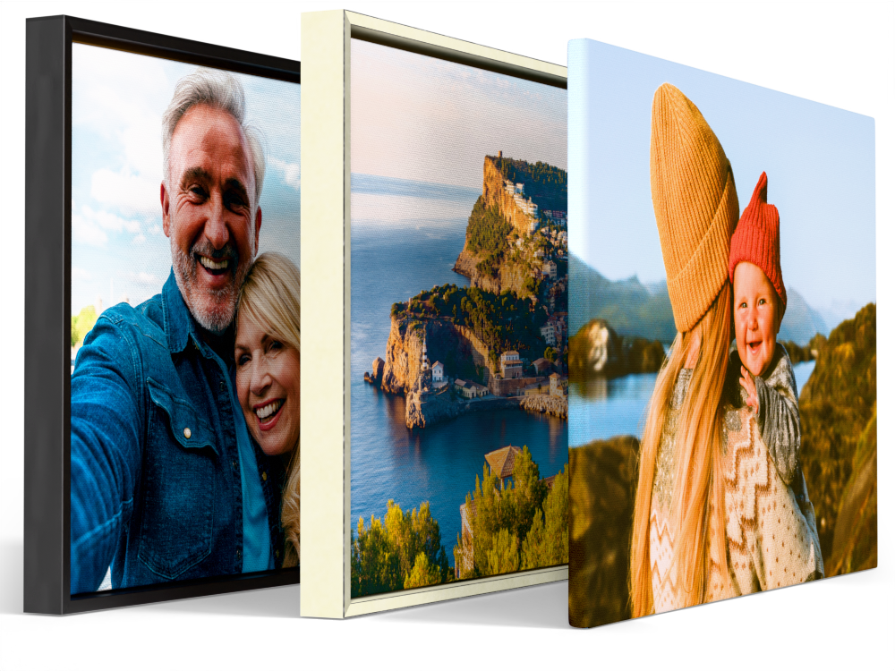 Drie canvassen met foto, twee met en een zonder baklijst