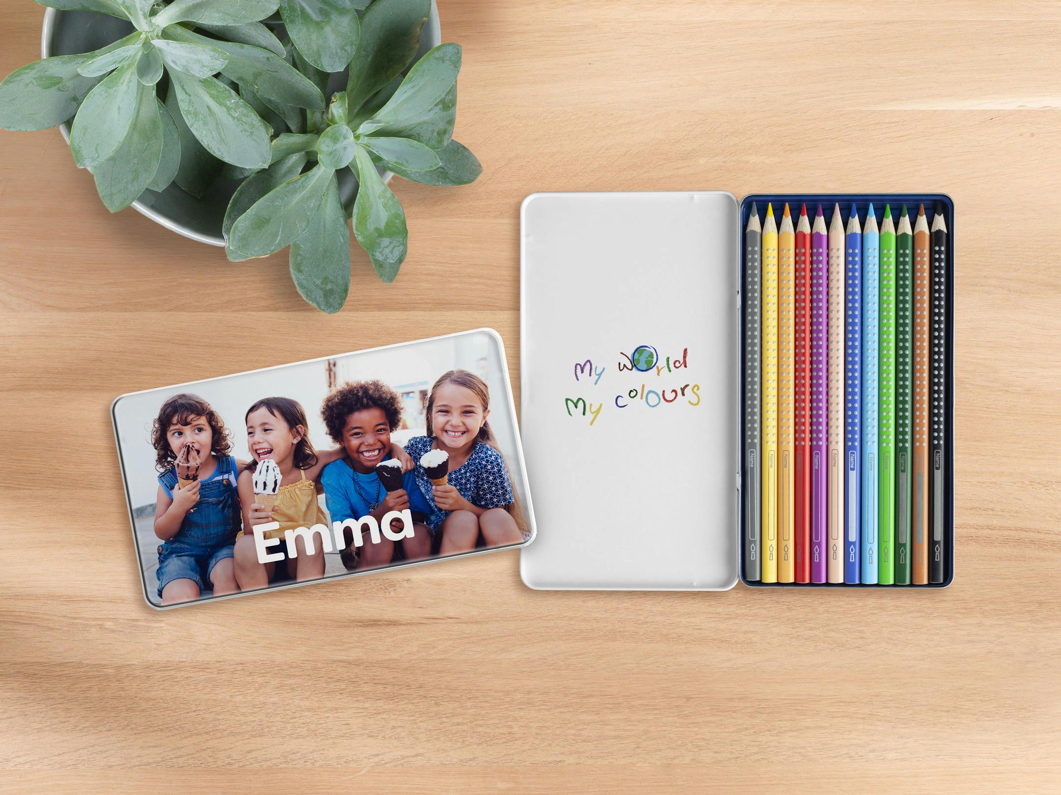Astuccio personalizzato con matite Faber-Castell con foto di bambini che mangiano un gelato