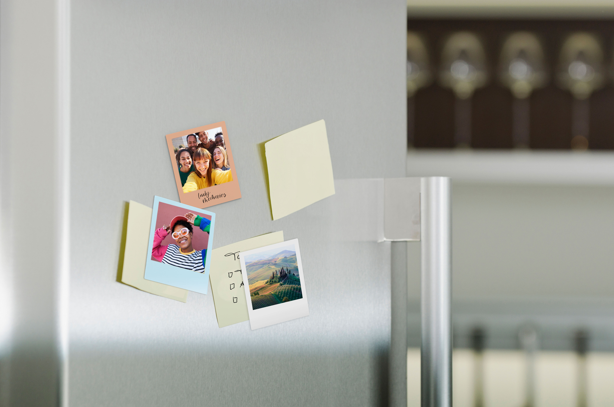 Retro-Fotomagnete mit Bildern von Freunden im Ambiente