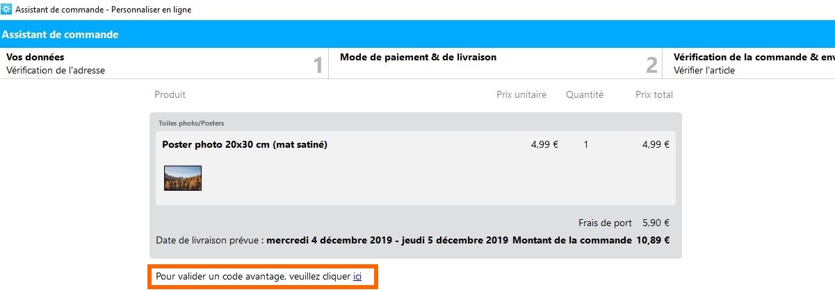 Utilisation d'un code avantage dans le logiciel Univers photo Pixum