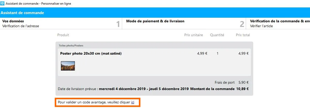 Utilisation d'un code avantage dans le logiciel Univers photo Pixum