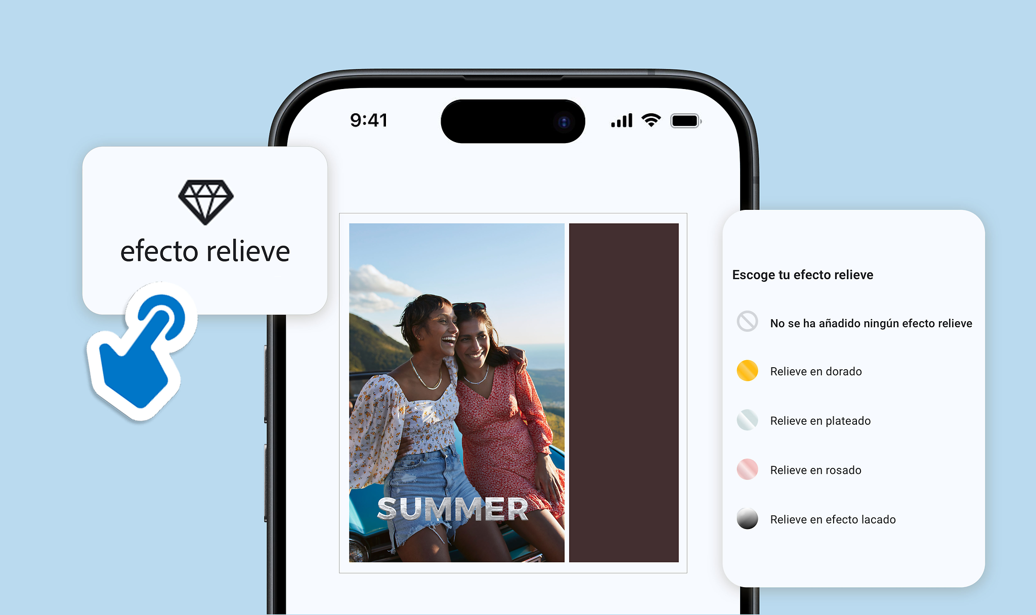 Álbum de fotos Pixum con fotos familiares, junto al cual se encuentra un teléfono móvil con la aplicación Pixum.