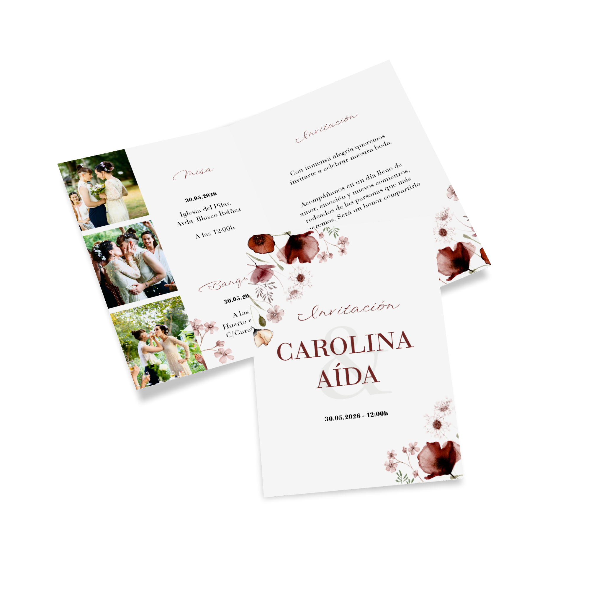 Una tarjeta con foto como invitación de boda con la foto de la pareja y sus nombres escritos