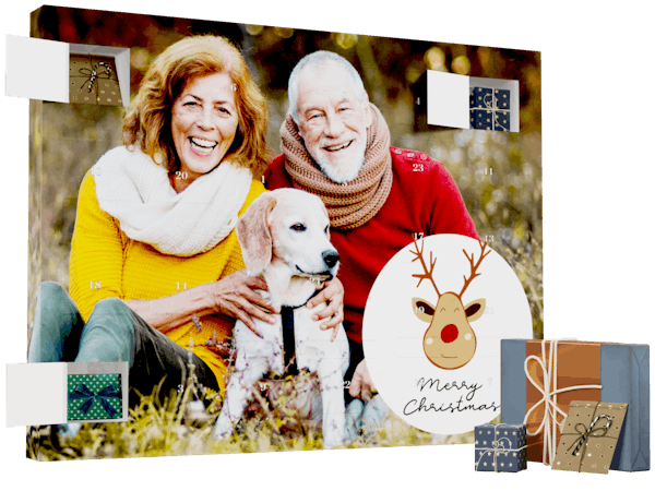 Animazione di un calendario dell'Avvento da riempire personalizzato con foto di una coppia di anziani con un cane