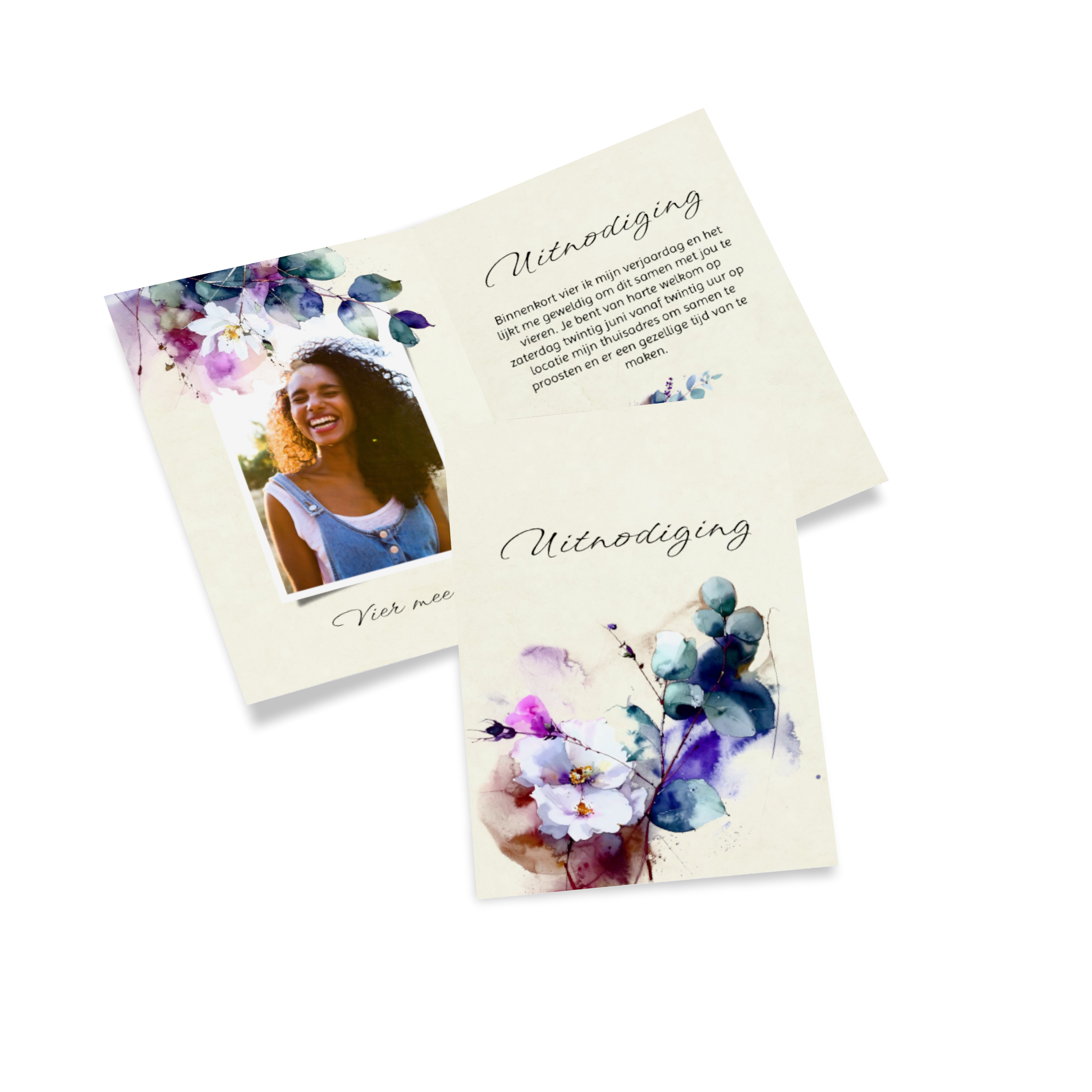 Verjaardagskaart met foto en bloemen erop.