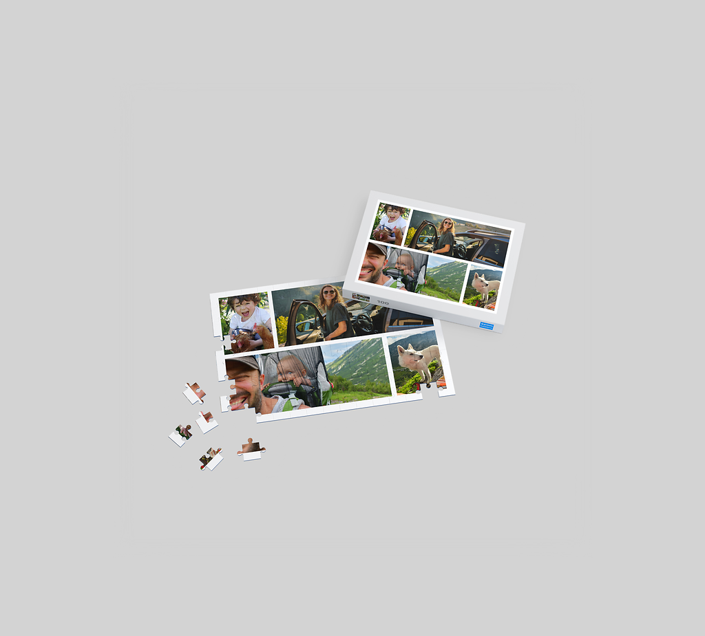 Pixum fotopussel med 100 bitar och ett fotocollage från en vandringsresa