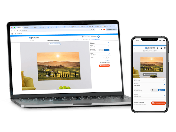 Pixum Online-Designer Laptop und Smartphone mit dem Gestaltungs-Screen eines Wandbildes mit Landschaftsmotiv im Online-Designer