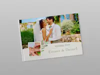 Hochzeitsfotobuch mit dem Design Celebration Time Cover eines Hochzeitsfotobuchs mit einem verspielten Design mit Olivenzweigen.