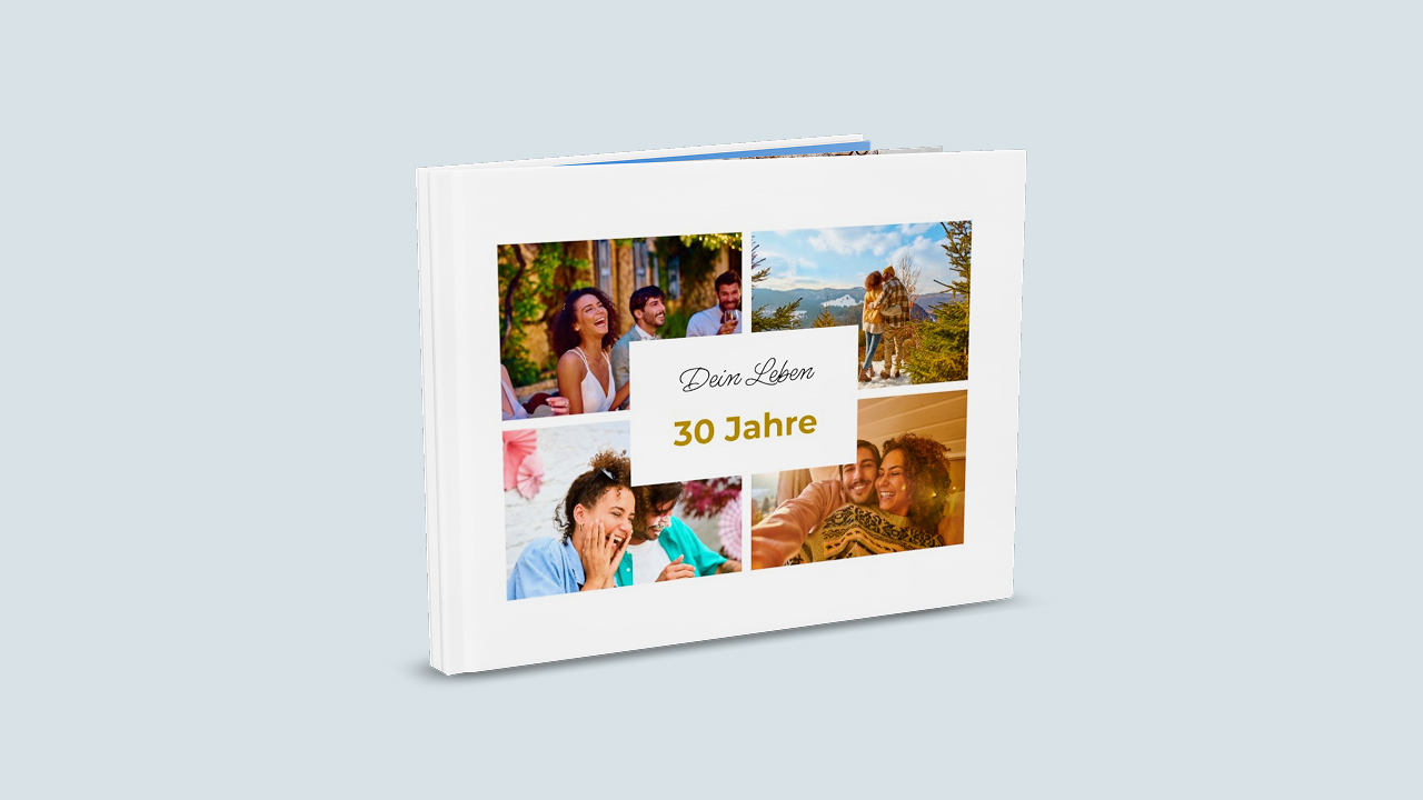 Cover eines Fotobuchs zum 30. Geburtstag mit einer Collage aus Bildern vom Geburtstagskind und dem Titel "Dein Leben, 30 Jahre"