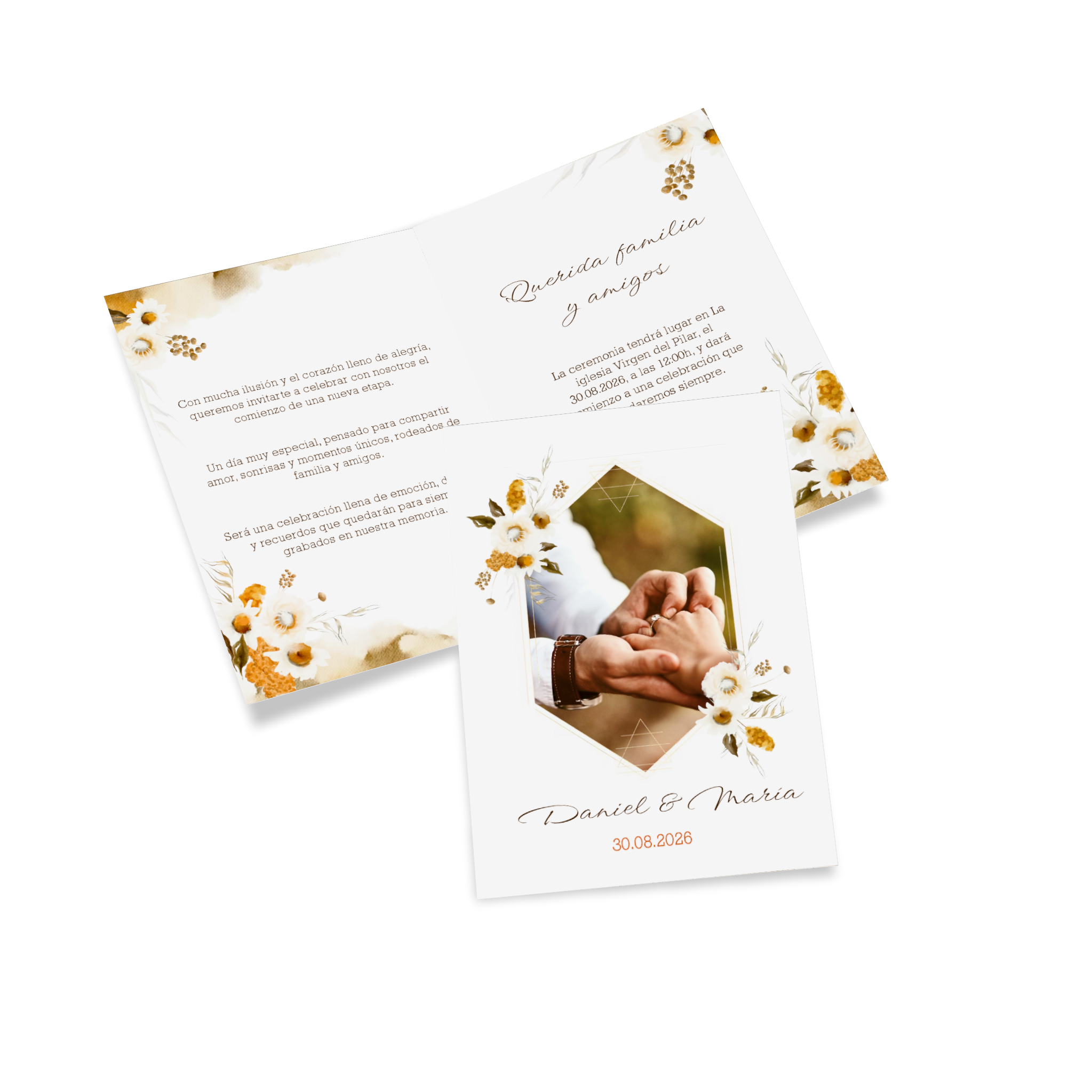tarjeta plegable con motivos florales como invitación de boda
