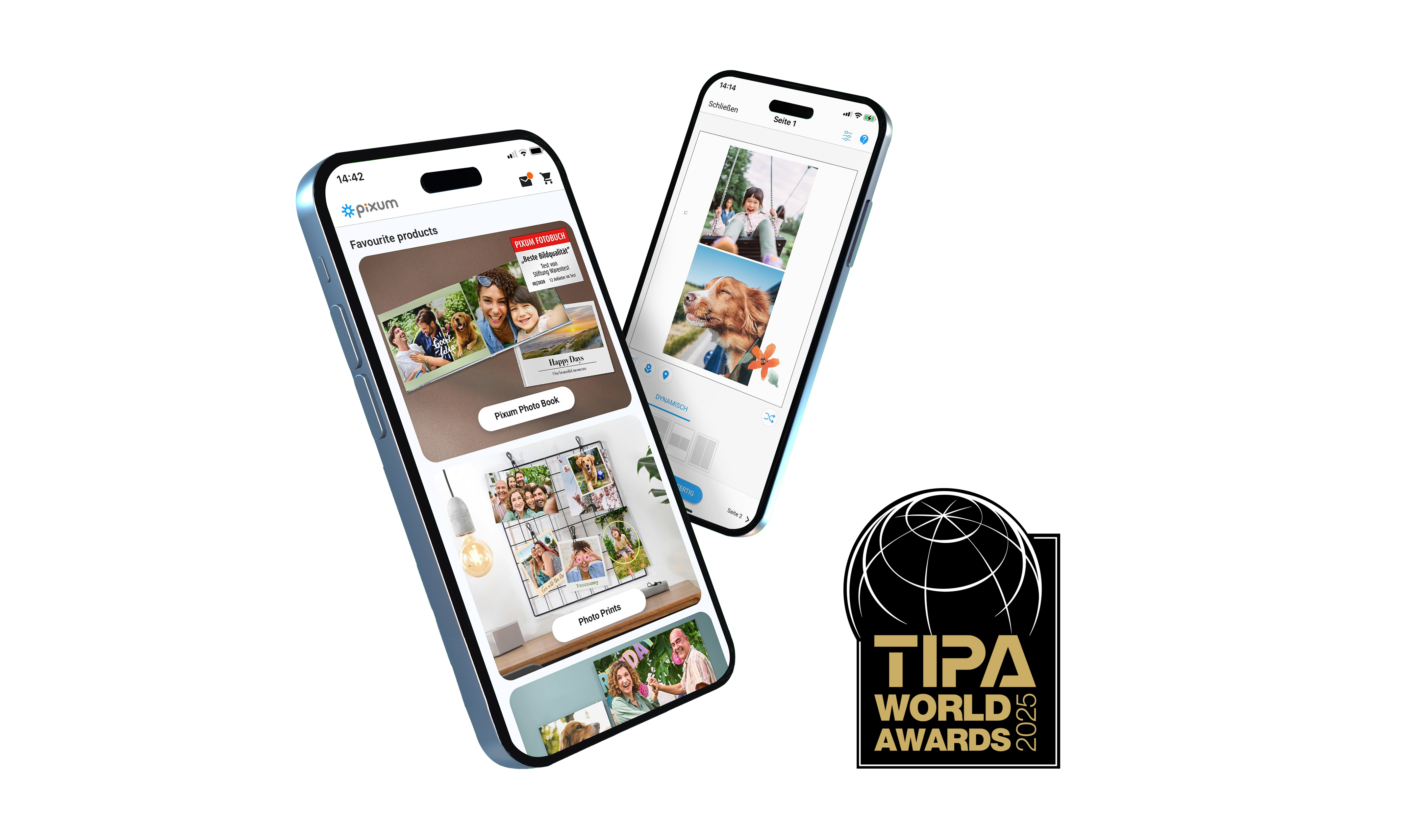 Smartphone con una captura de pantalla de la aplicación Pixum y el logotipo del ganador de la prueba del Premio Mundial TIPA 2024