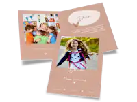 Dankeskarte zur Einschulung mit Foto Als Dankeskarte zur Einschulung gestaltete Klappkarte mit Foto in rot-brauner Farbe mit weißem Text. Auf der Außen- und Innenseite ist jeweils ein Foto vom Einschulungskind. Die Vorderseite und die rechte Innenseite sind mit persönlichem Text gestaltet.