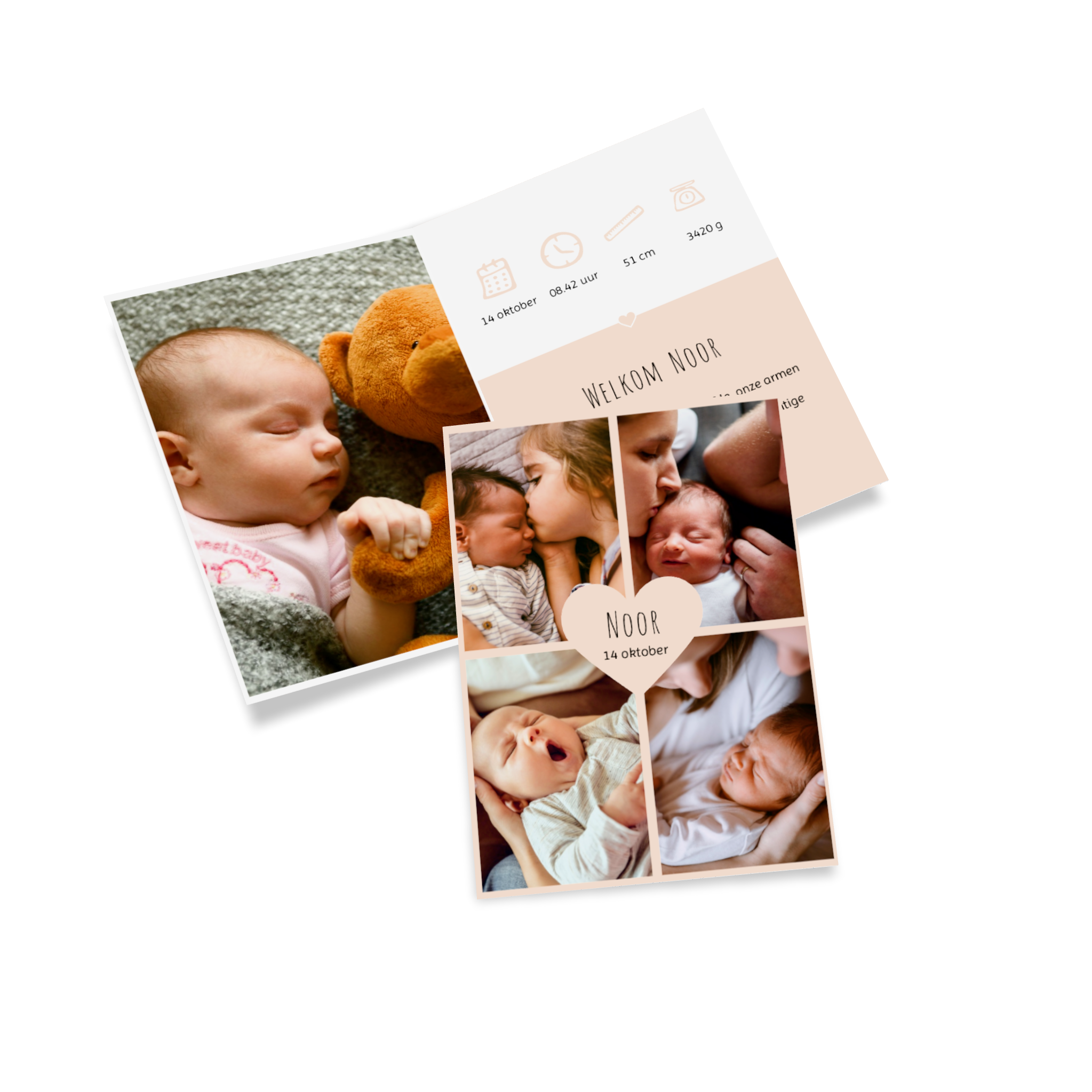 Geboortekaartje met familiefoto's en informatie over de geboorte.