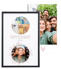 Gerahmtes Fotogeldgeschenk zum Geburtstag Ein Fotoposter im Rahmen als Geldgeschenk mit Geburtstagsgrüssen