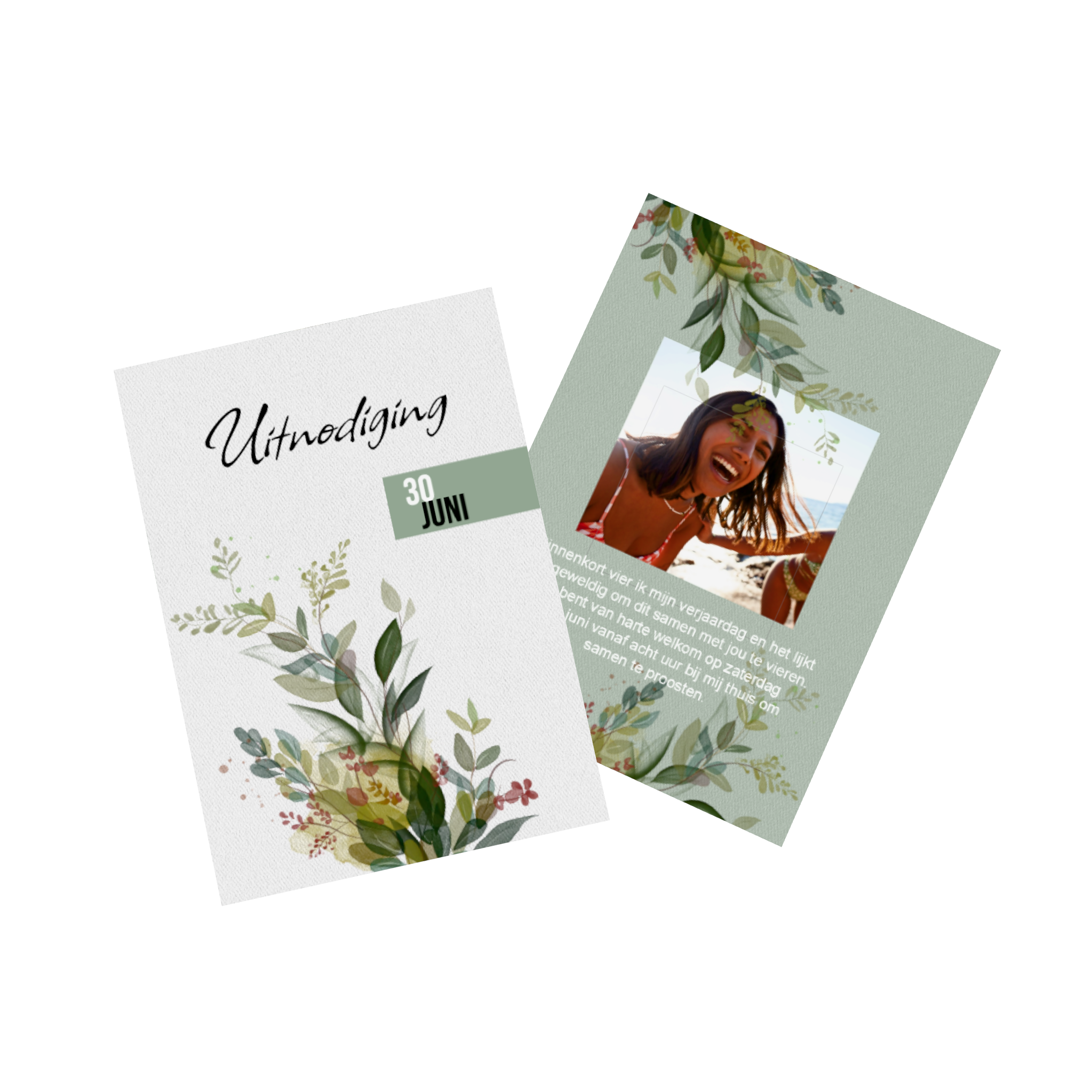 Verjaardagskaart met foto en bloemen erop.
