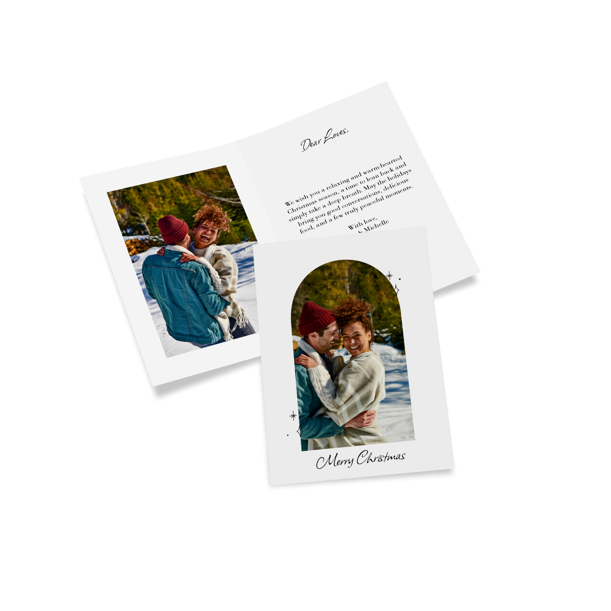 Carte de Noël personnalisée avec la photo d’un couple à la neige.
