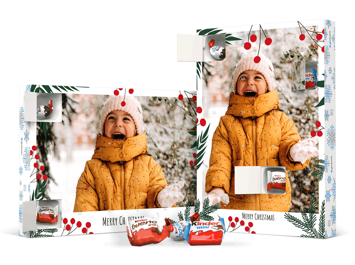Fotoadventskalender med choklad från kinder® med ett foto på en flicka i vinterlandskap