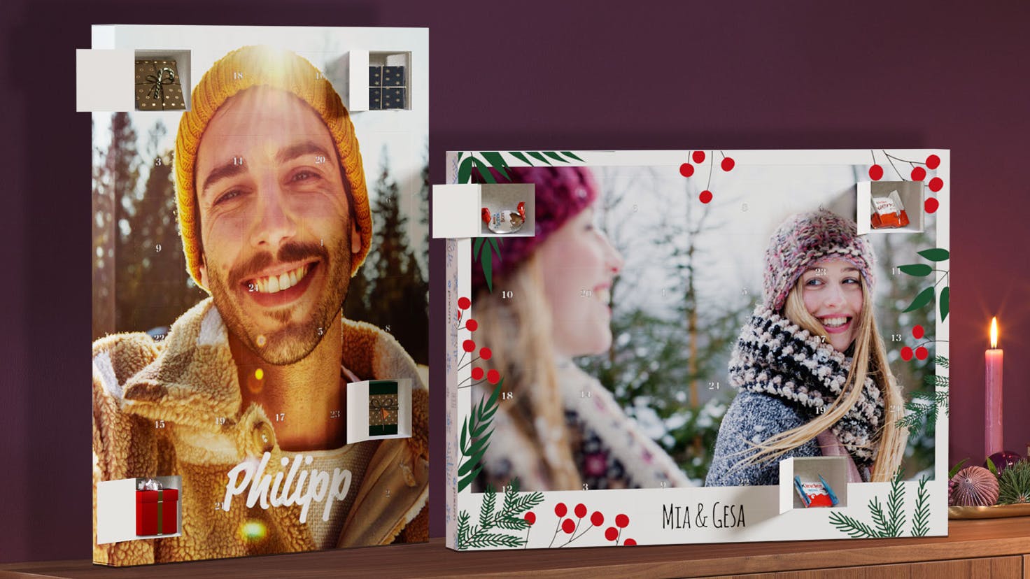 Foto-Adventskalender mit Namen Foto-Adventskalender mit Namen mit winterlichen Motiven im Ambiente