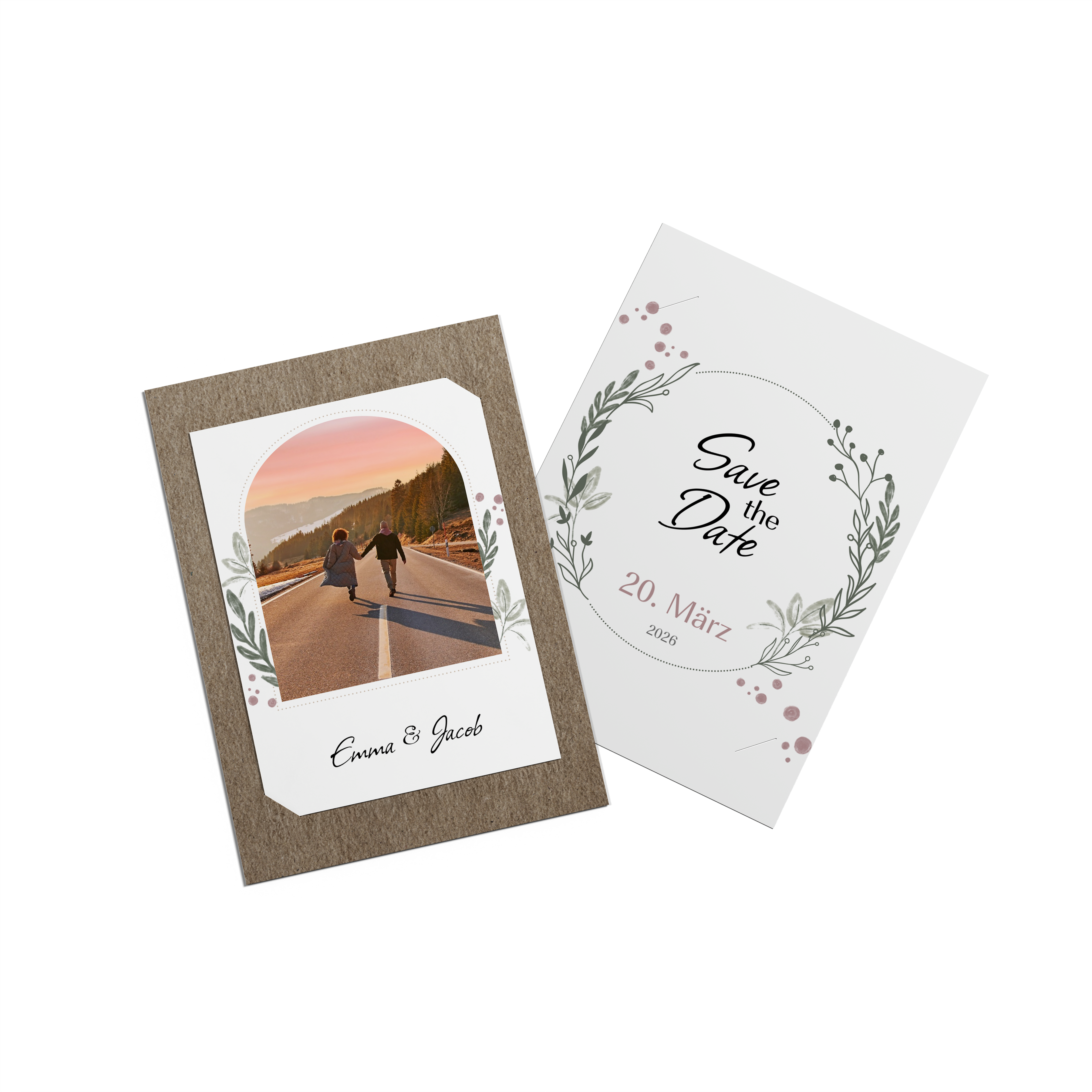 Front and back of a greeting card with detachable photo with a couple photo.