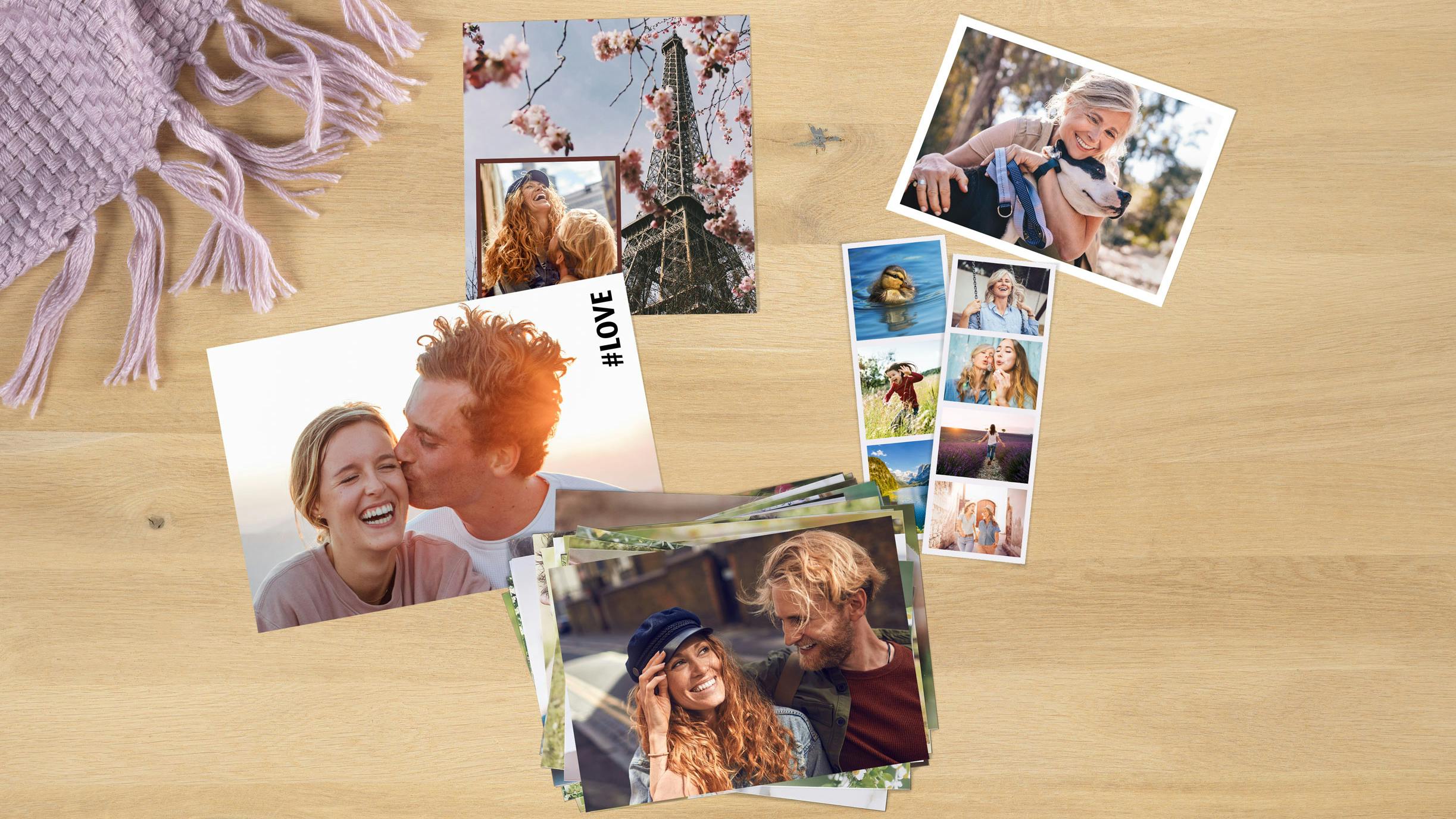 Fotovarianten Mix aus Pixum Fotoabzügen, Fine-Art Prints und Fotostreifen von oben fotografiert