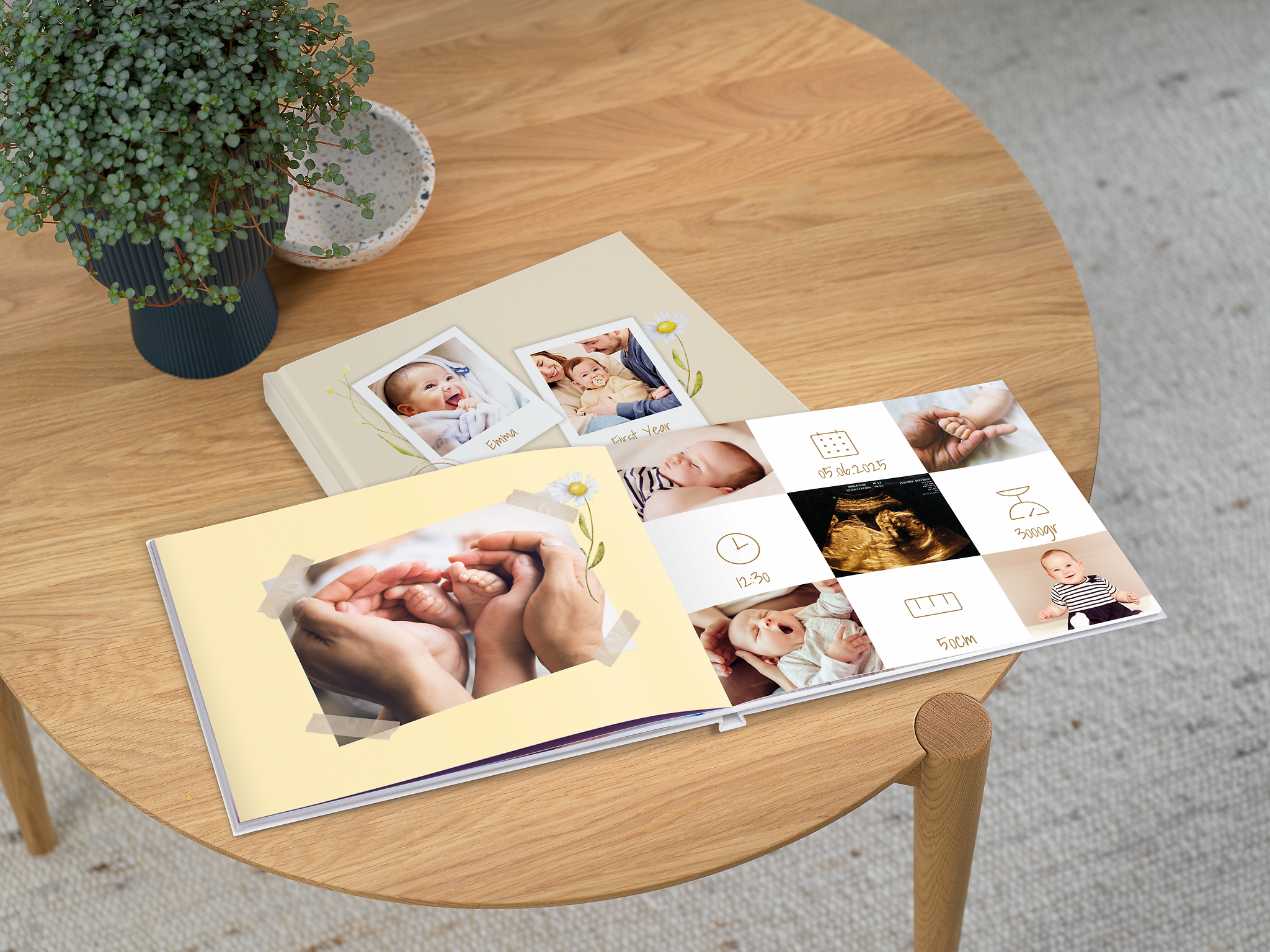 Aufgeklapptes Fotobuch zum Thema "Mein erstes Jahr". Auf der rechten Seite sind Daten zur Geburt festgehalten.