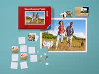 Imanes personalizados Puzzle personalizado Ravensburger, imanes personalizados y foto memo con motivos invernales sobre fondo turquesa