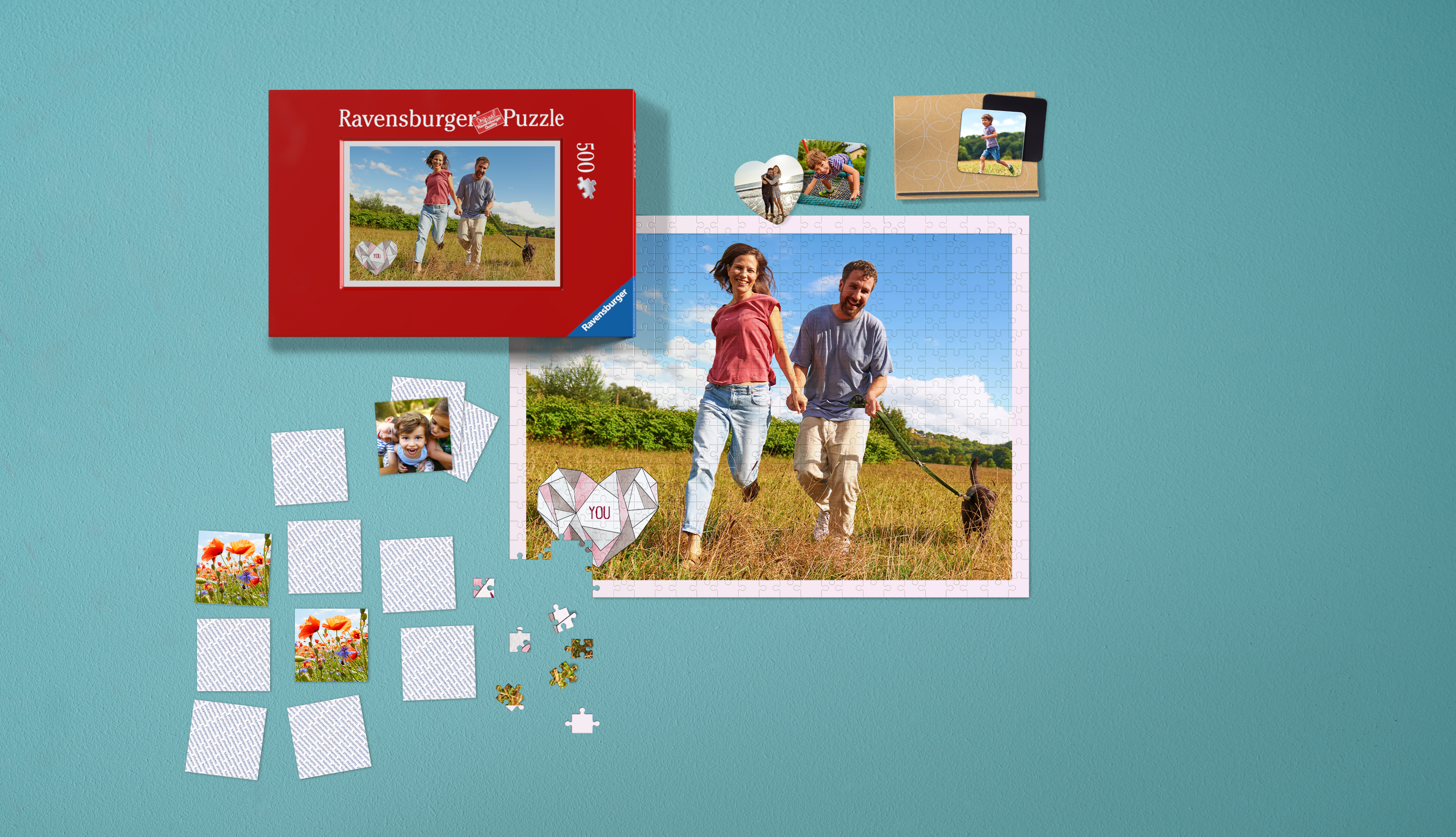 Ravensburger Fotopuzzle, Fotomagnete und Fotomemo mit winterlichen Motiven auf türkisen Hintergrund