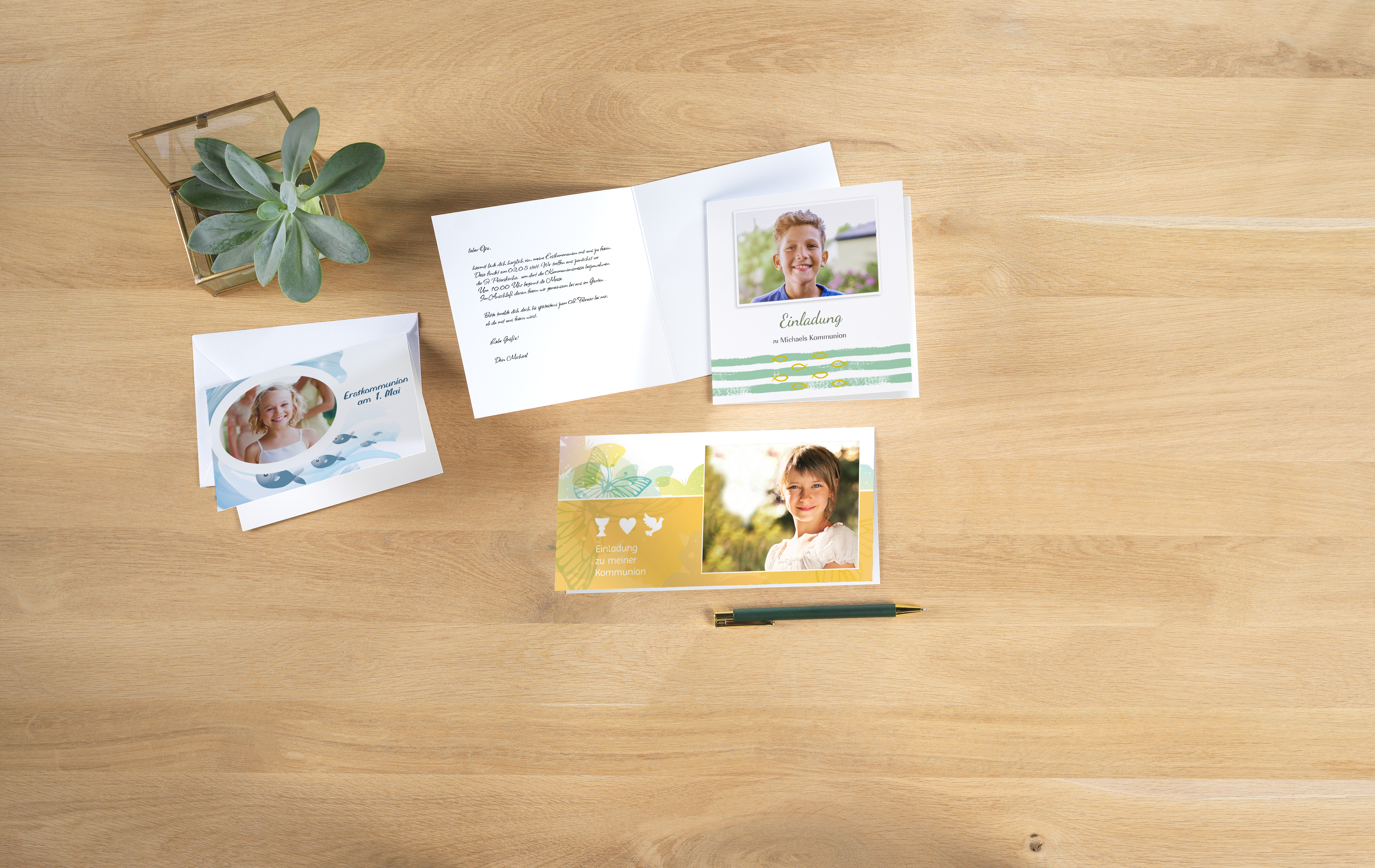 Kommunionskarten-Mix mit Klappkarten in Quer & Quadratisch im Ambiente