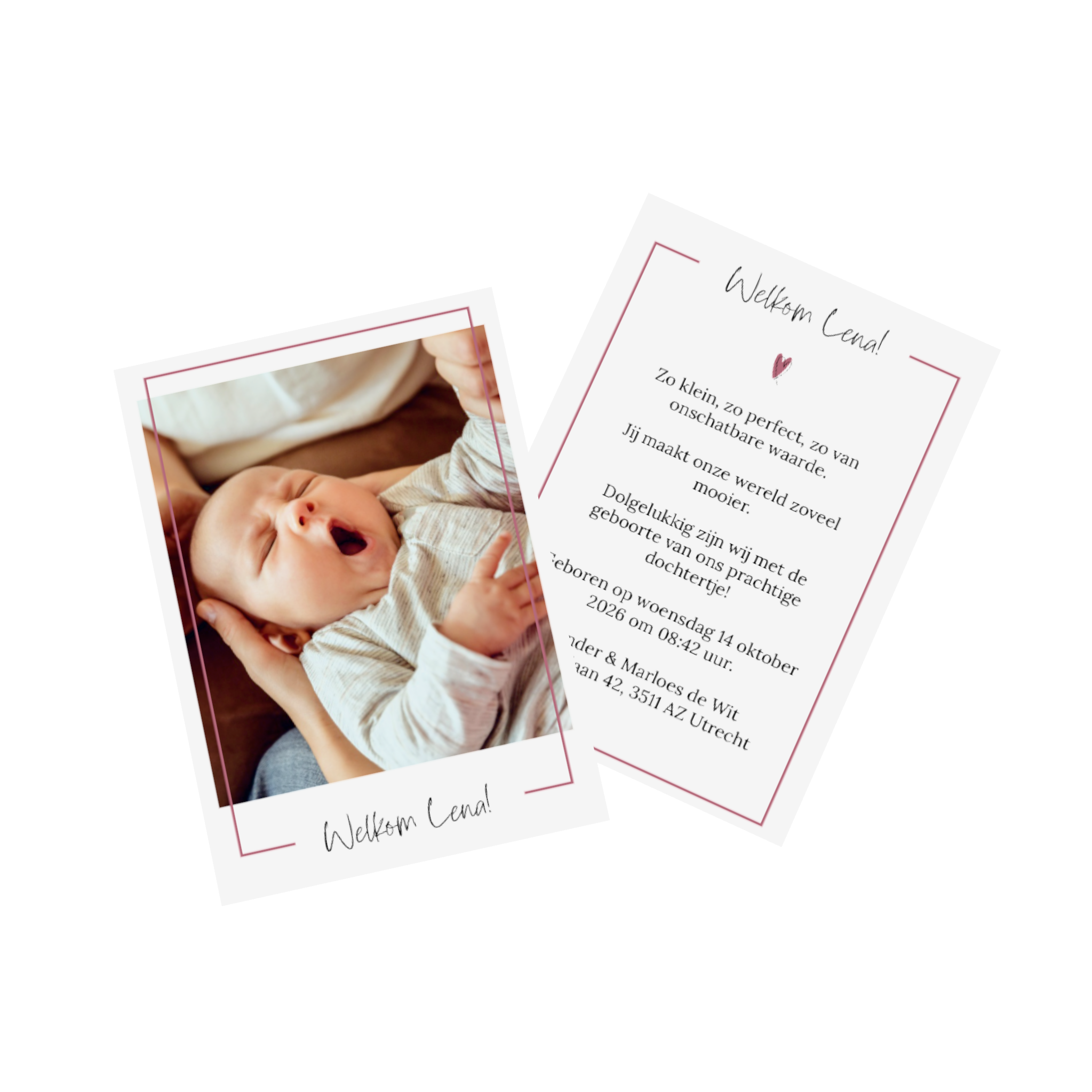 Babykaartje met babyfoto en tekst.