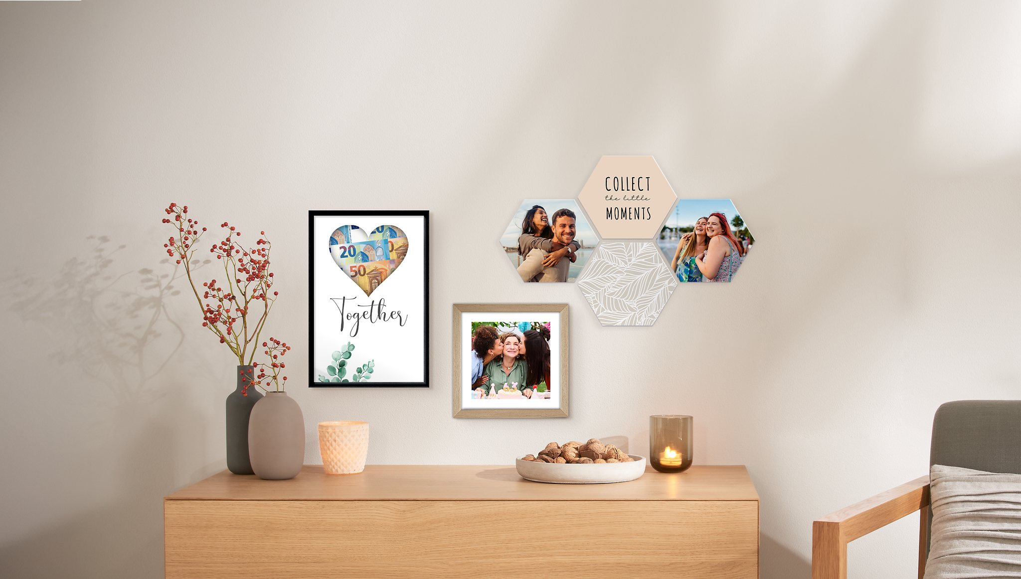 Bild im Ramen, Hexagon und Foto-Geldgeschenk mit Fotos