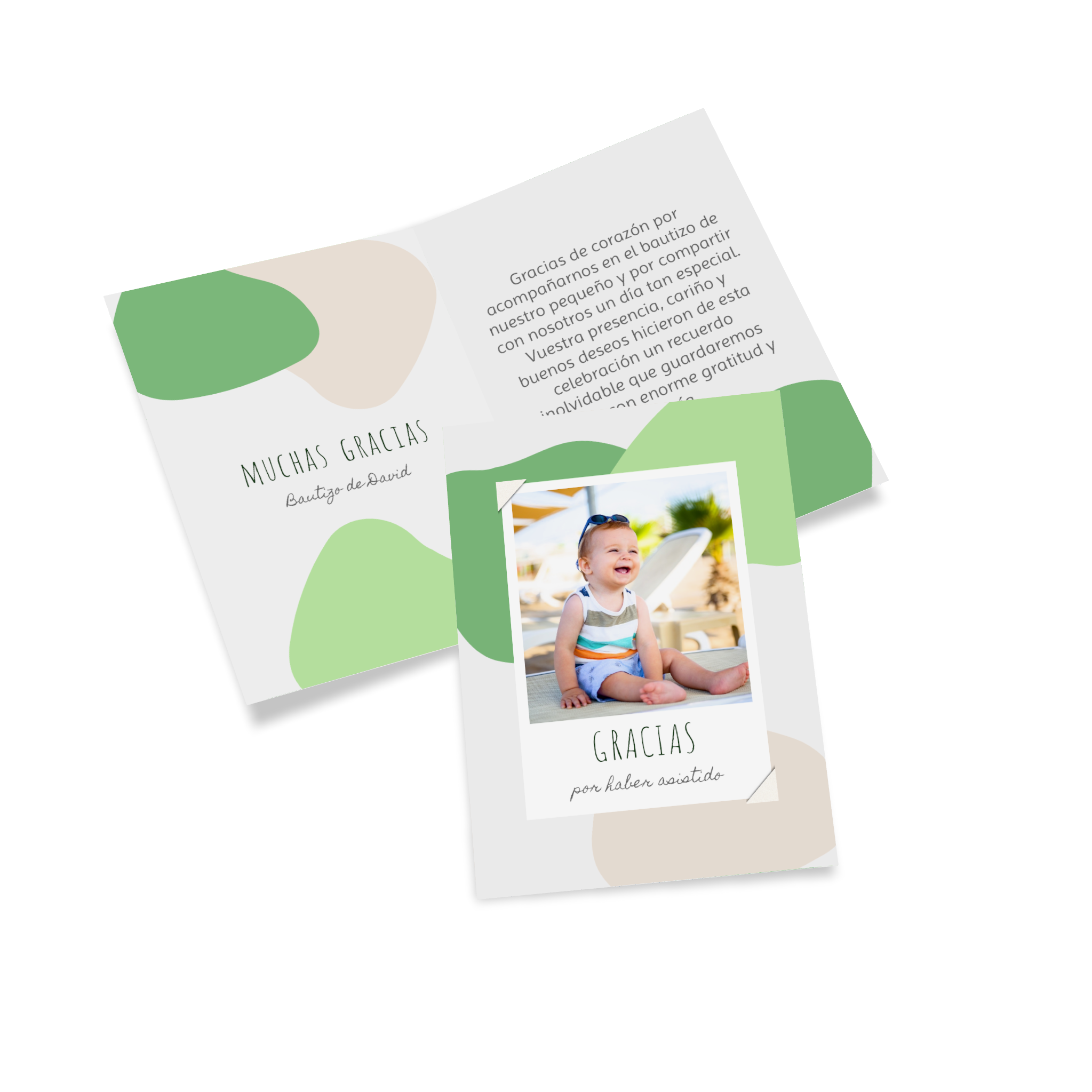 Una tarjeta plegable de agradecimiento de bautizo personalizada con fotos y textos