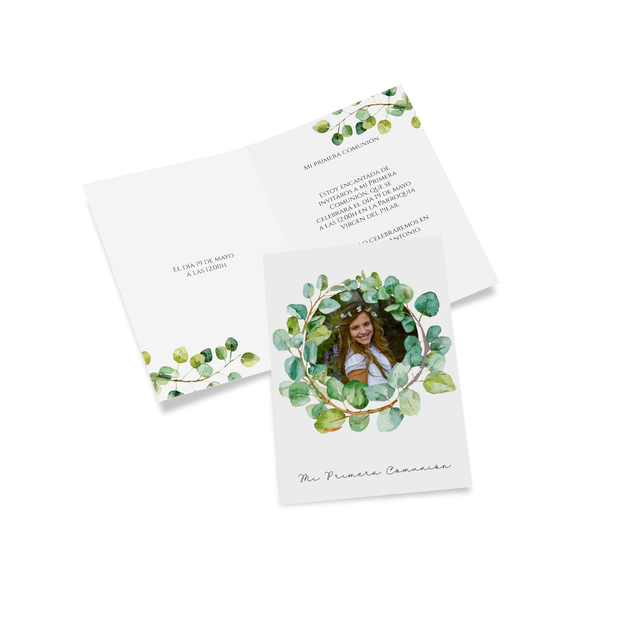 Tarjeta plegable como invitación de comunión personalizada con la foto de un niño